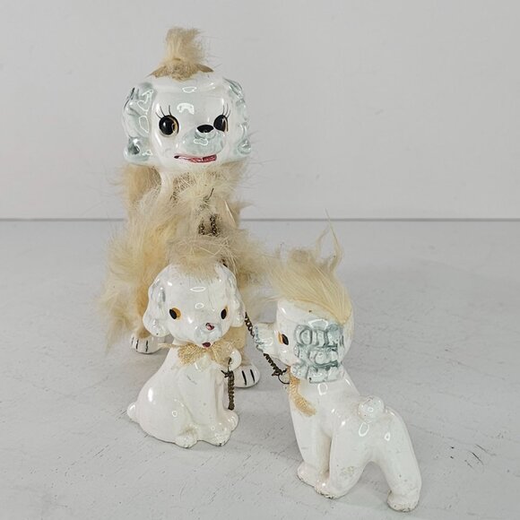 Vintage Ceramic Poodle Family Figurines Chain Fur Accents Japan - Picture 3 of 8